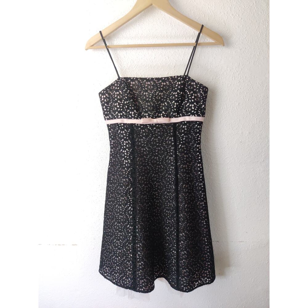 BETSY & Adam Black Pink Crochet Straight Neckline Spaghetti Strap Mini Dress 4